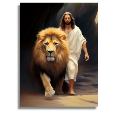 A vertical wall art print depicting Jesus in a white robe walking beside a large lion in a dark rocky setting, shown against a light gray background with a subtle drop shadow. Jesus is the Lion of Judah Canvas - Paint by numbers Kit