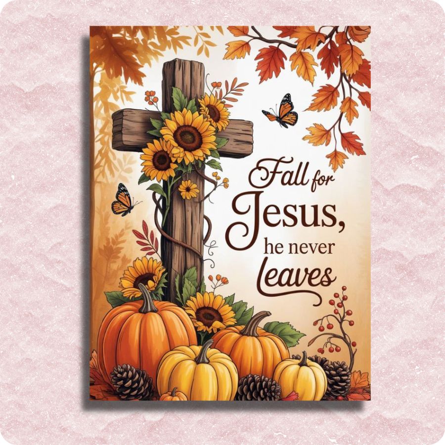 Decorative sign with cross, sunflowers, pumpkins, and autumn leaves on a pink background. Jesus Never Leaves - Paint by numbers