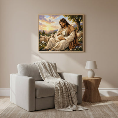 Living room with a painting of Jesus holding a lamb on the wall above a sofa.