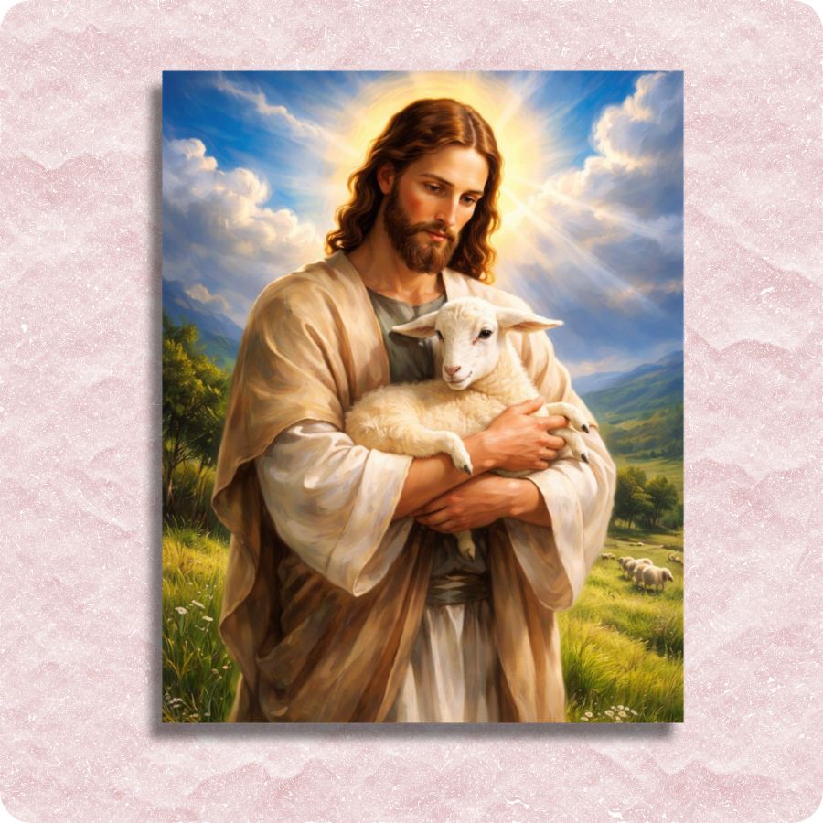 Painting of a robed figure holding a lamb with a scenic background. Jesus with Lamb - Paint by numbers