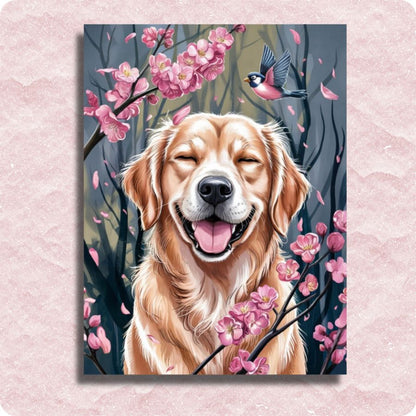 Vrolijke pup met bloemen canvas - Schilderen op nummer