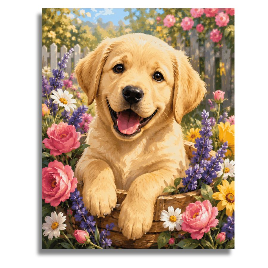 Happy puppy in a flower garden with a colorful background. Joyful Pup with Flowers Canvas - Paint by Numbers