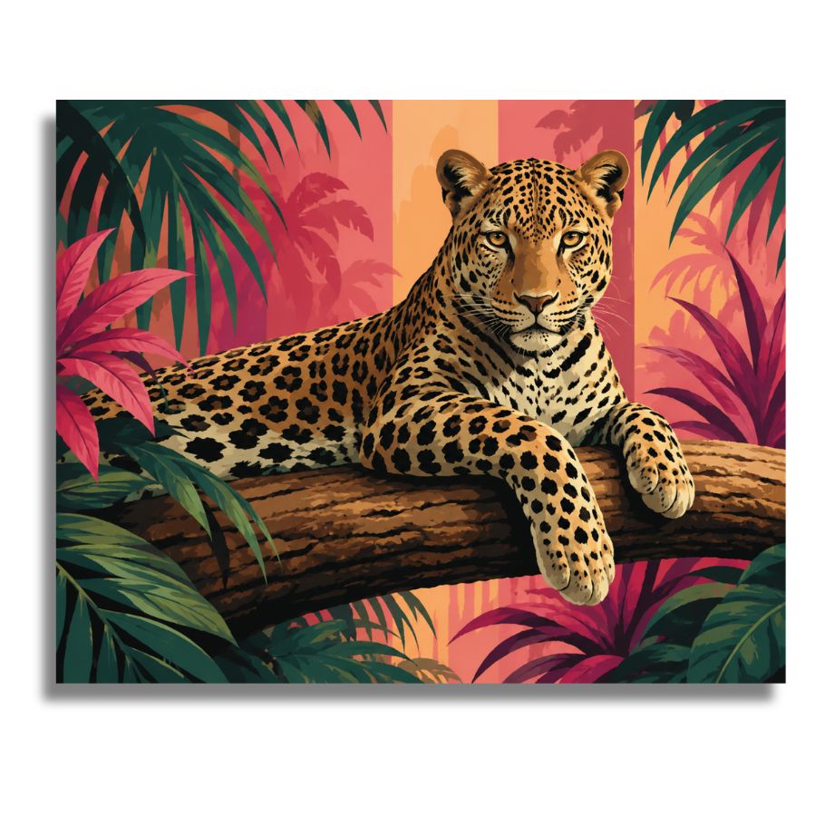 Jaguar on a branch with a colorful tropical background. Jungle Jaguar Gaze Canvas - Paint by numbers