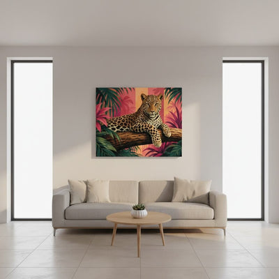 Living room with a sofa, coffee table, and a colorful painting of a jaguar on a wall.