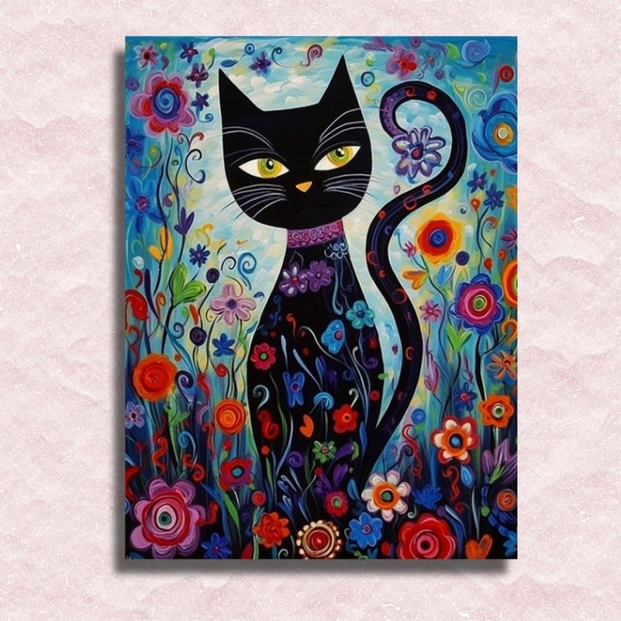 Katje en bloemen rond canvas - Winkel voor schilderen op nummer
