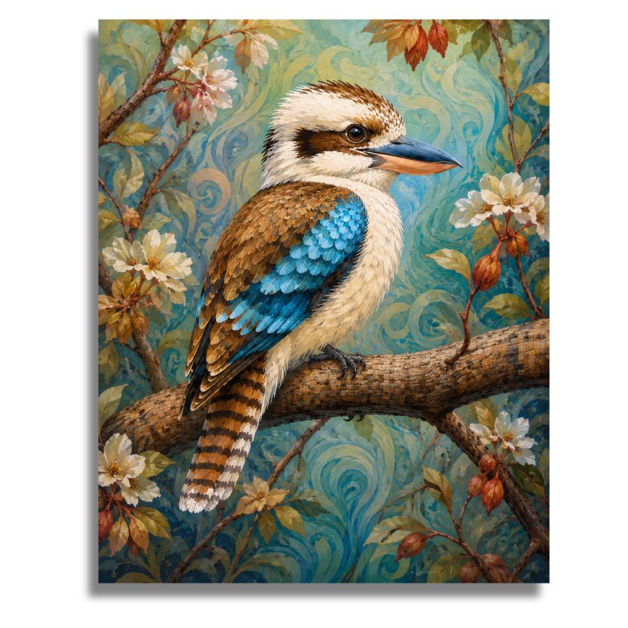 Painting of a kingfisher bird on a branch with floral and swirling background. Kookaburra Paint by Numbers