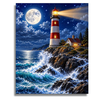 A vertical canvas print depicting a lighthouse on a rocky coastline at night under a full moon, with waves crashing against the rocks and a small house beside the lighthouse. Lighthouse and Sea Canvas - Paint by numbers