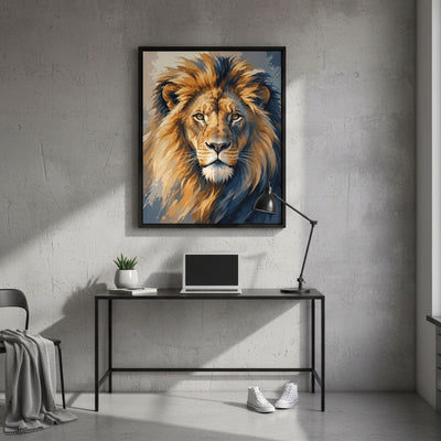 Framed painting of a lion on a wall above a desk with a laptop and lamp.