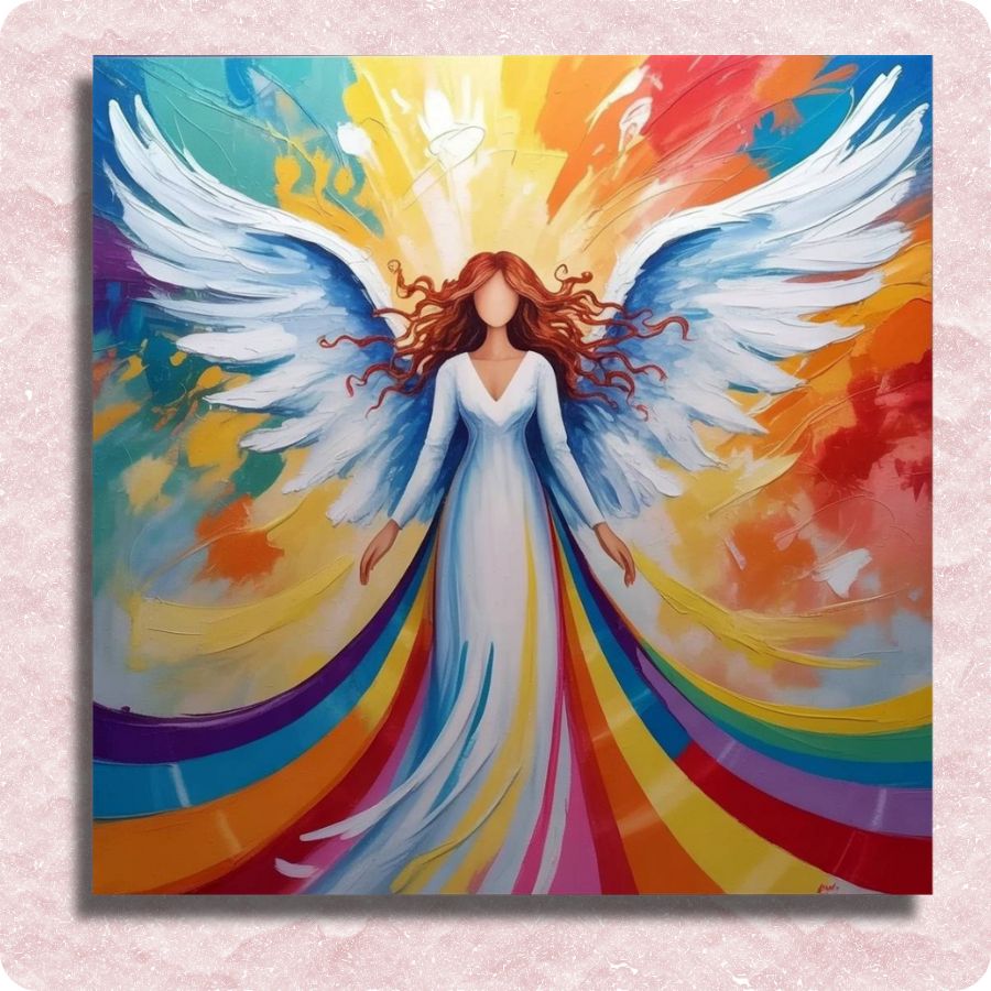 Colorful painting of an angel with a rainbow background. Little Love Angel - Paint by numbers