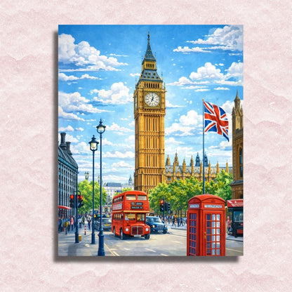 Painting of London with Big Ben, red double-decker bus, and telephone booth on a light pink background. London Big Ben - Paint by numbers