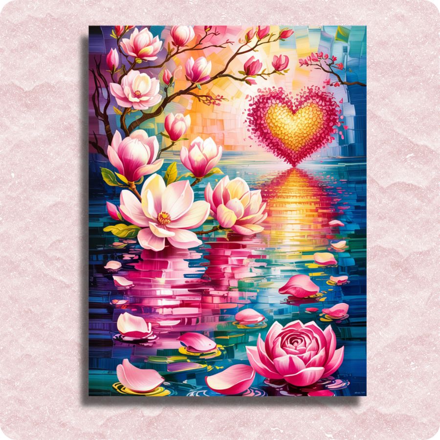 Magnolia Heart Glow - Paint by numbers - Colorful painting of pink flowers and a heart-shaped sun on a water surface.