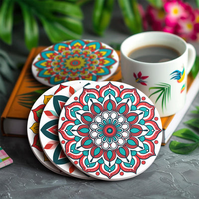 Colorful mandala coasters with a cup of coffee on a table. Mandala Coasters 6 Pack Paint by Numbers Lifestyle