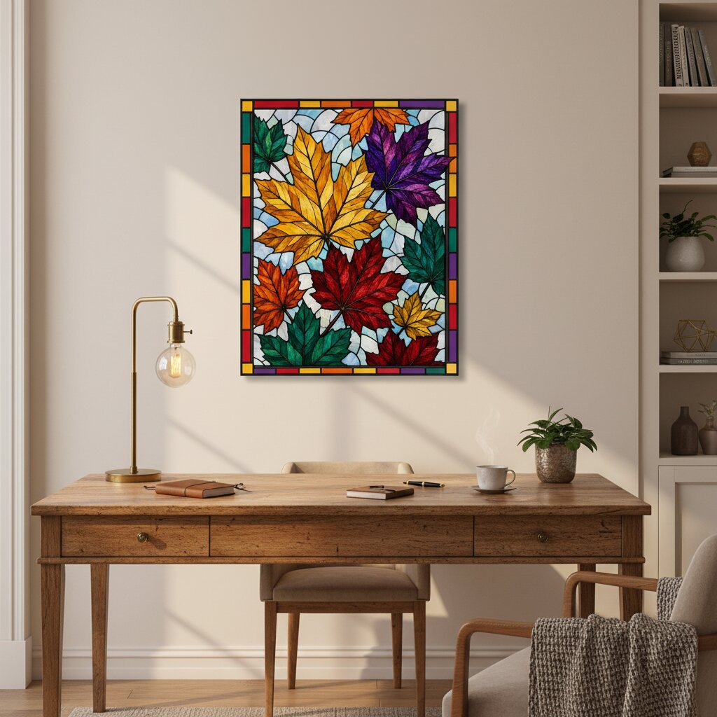A framed stained-glass-style autumn leaf artwork hangs on a beige wall above a wooden desk in a styled home office. The artwork features large colorful leaves in yellow, orange, red, green, and purple with a multicolored border.