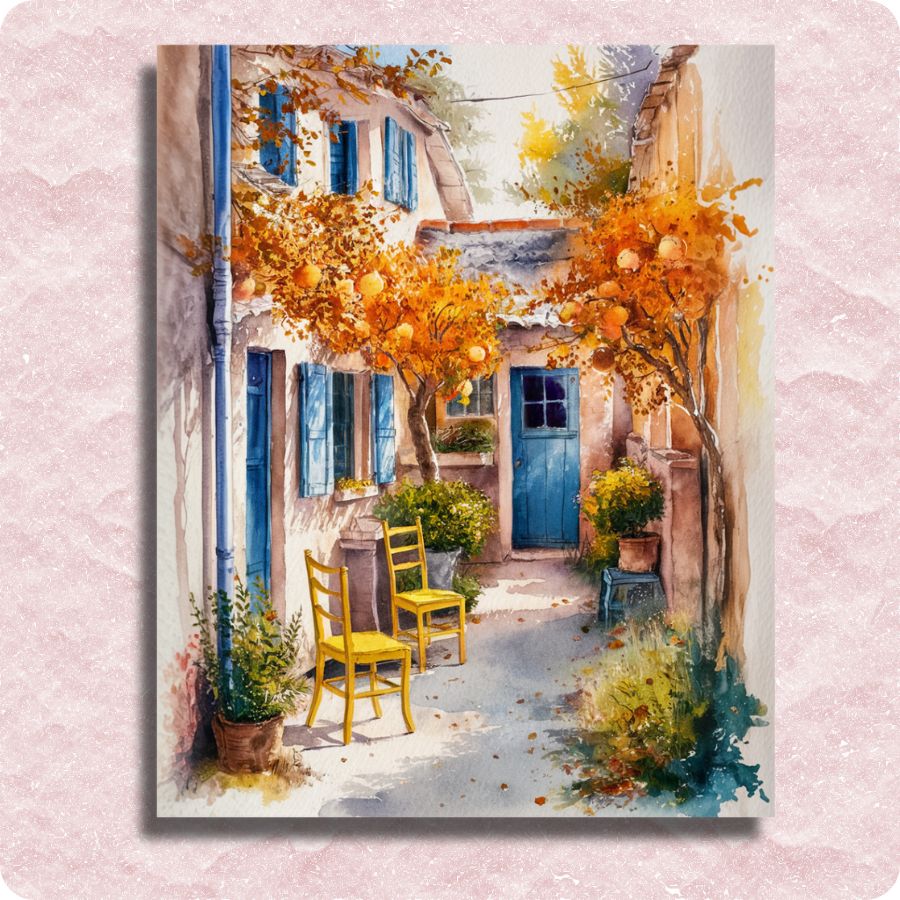 Painting of a quaint street scene with a blue door and yellow chairs on a pink textured background. Mediterranean Courtyard - Paint by numbers