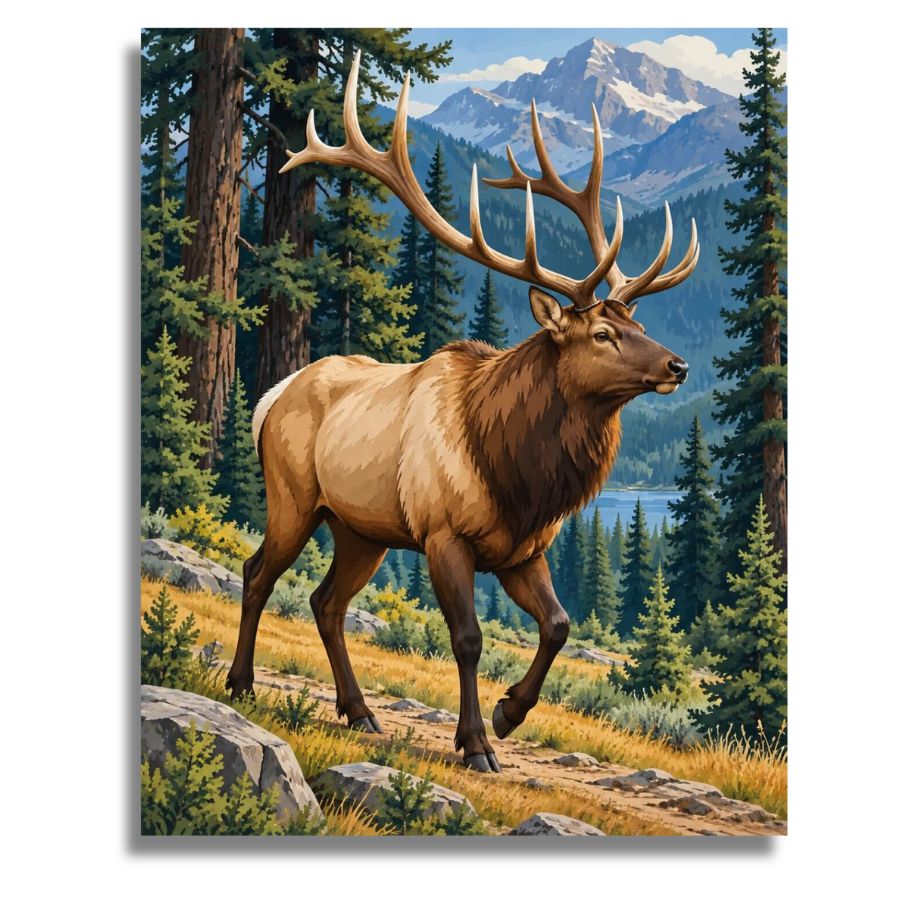 A vertical canvas wall art print depicting a large bull elk with massive antlers walking along a rocky path in a forest, with mountains and a lake in the background. Mighty Elk in Forrest Canvas - Paint by numbers