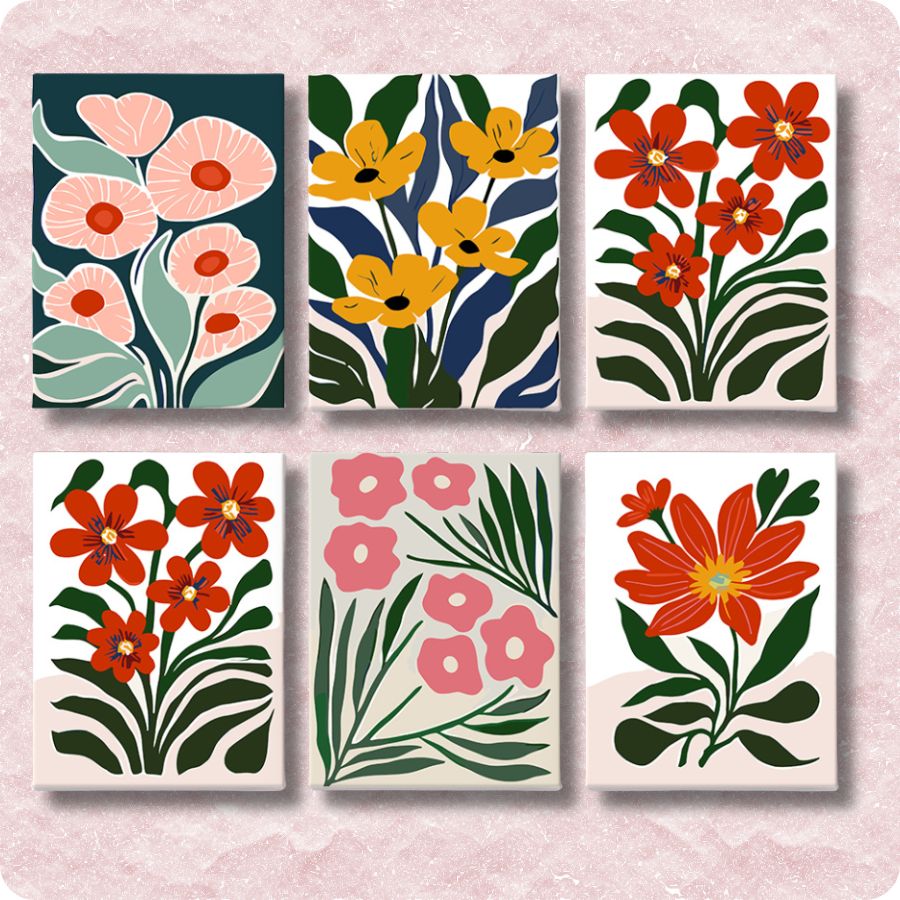 Set of six floral tile designs on a textured pink background. Mini Bloom Garden 6 pack Paint by numbers
