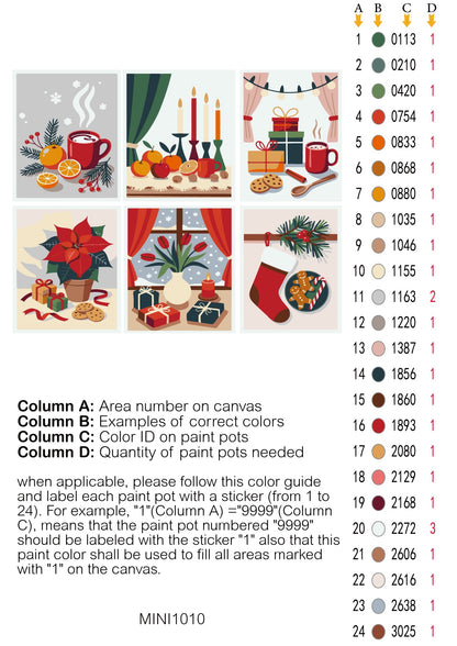 Mini Christmas Magic 6 Pack Paint by Numbers - color guide