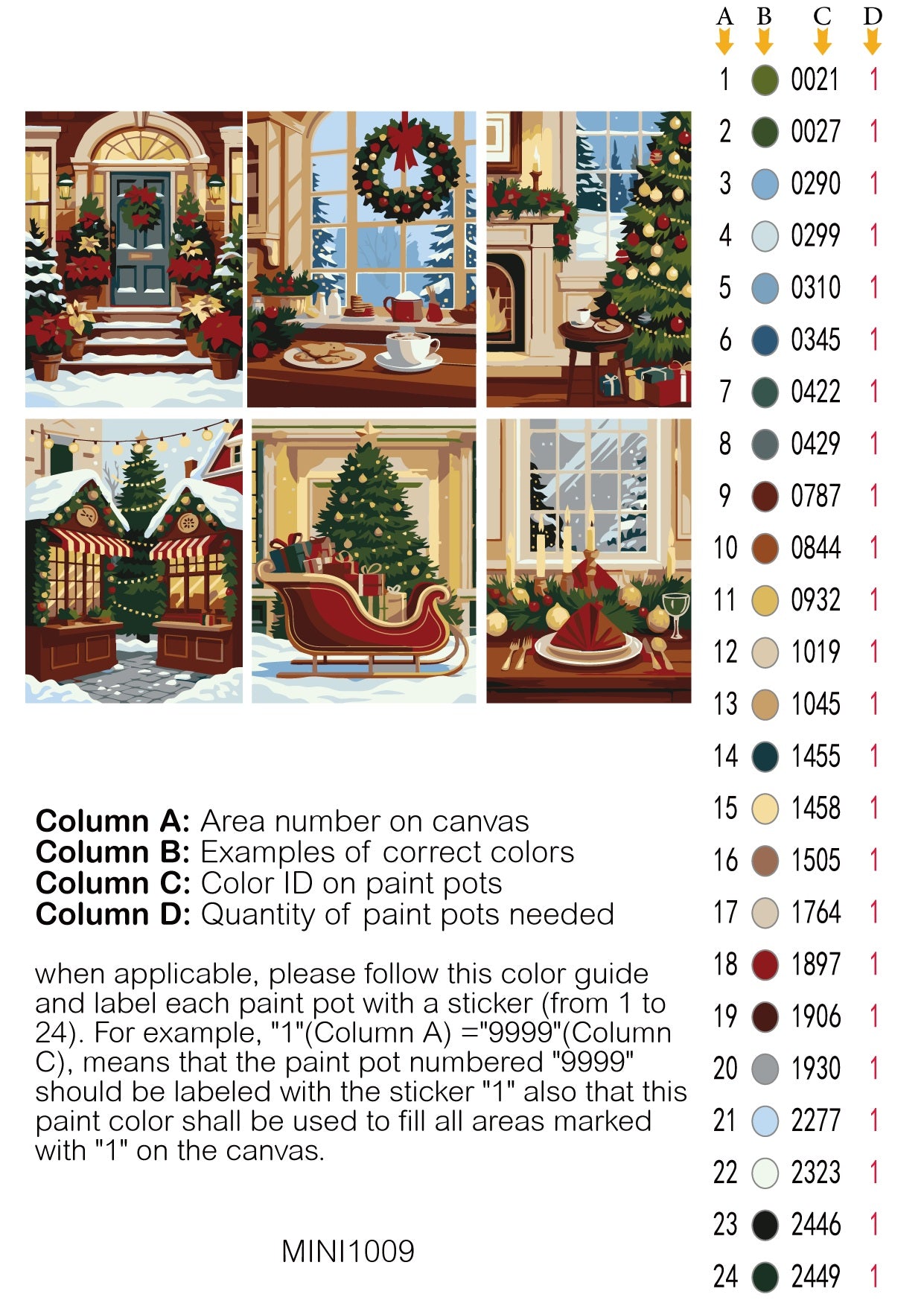 Mini Cozy Christmas 6 Pack Paint by Numbers - color guide