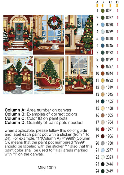Mini Cozy Christmas 6 Pack Paint by Numbers - color guide