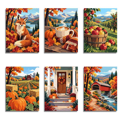 Six vertical art prints arranged in a 2x3 grid, each showing a colorful autumn landscape scene: a fox in leaves, a cup of coffee with fall decor, apples in a basket, pumpkins in a field, a front porch with autumn decorations, and a red covered bridge by a river. Mini Cozy Fall 6 Pack Paint by Numbers
