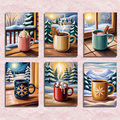 Set of six winter-themed paintings featuring mugs with hot beverages against snowy landscapes. Mini Cozy Winter Mugs - 6 pack - Paint by numbers