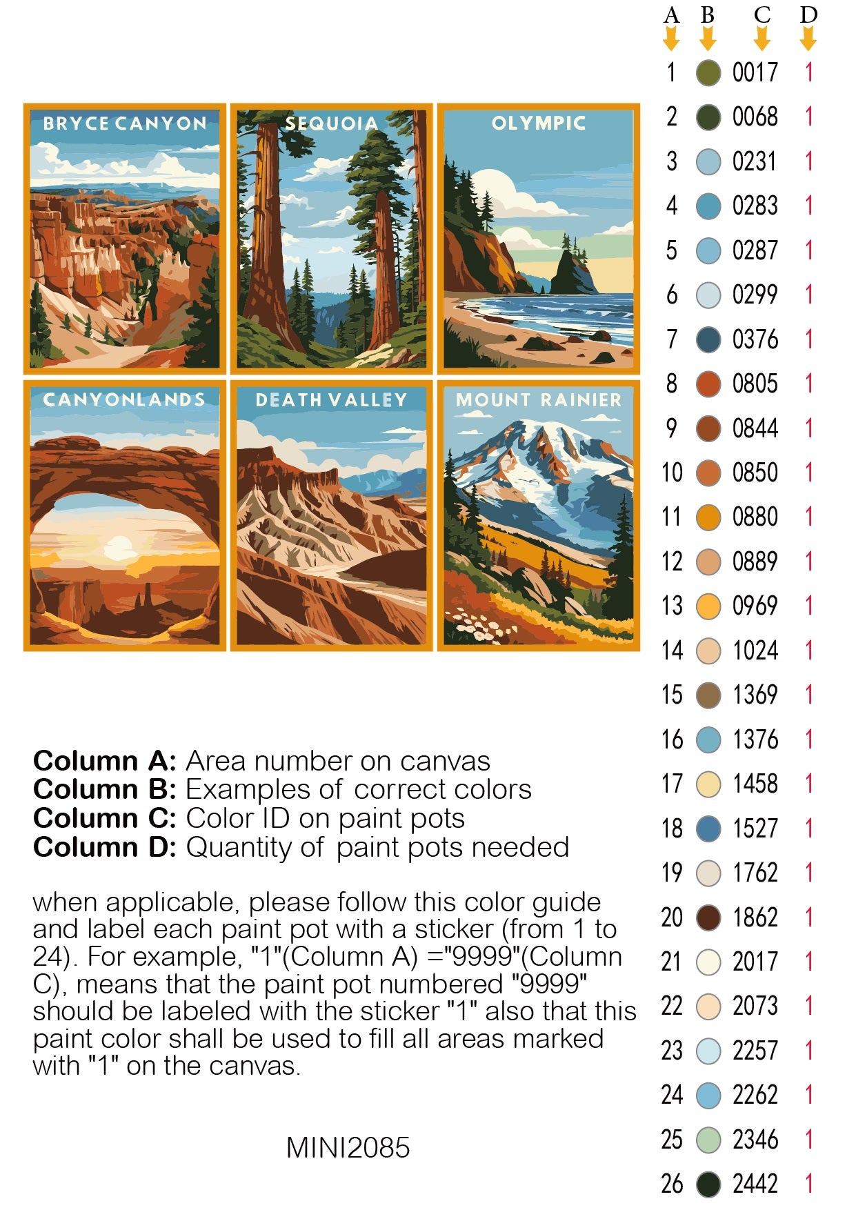 Color guide for painting national park scenes with corresponding paint pot color numbers. Mini Great American Parks 6 Pack Paint by Numbers
