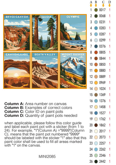 Color guide for painting national park scenes with corresponding paint pot color numbers. Mini Great American Parks 6 Pack Paint by Numbers
