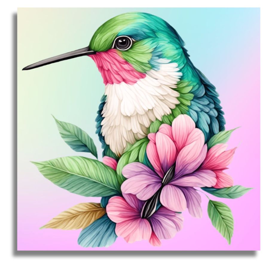 A square wall art print featuring a colorful painted hummingbird with pink and white feathers, green and teal wings, and pink flowers with green leaves on a soft pastel gradient background. Mini Hummingbird Canvas - Paint by numbers