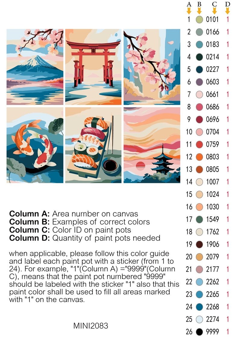 Color guide for a paint-by-number kit with Japanese-themed designs and color swatches. Mini Japan Scenes 6 Pack Paint by Numbers