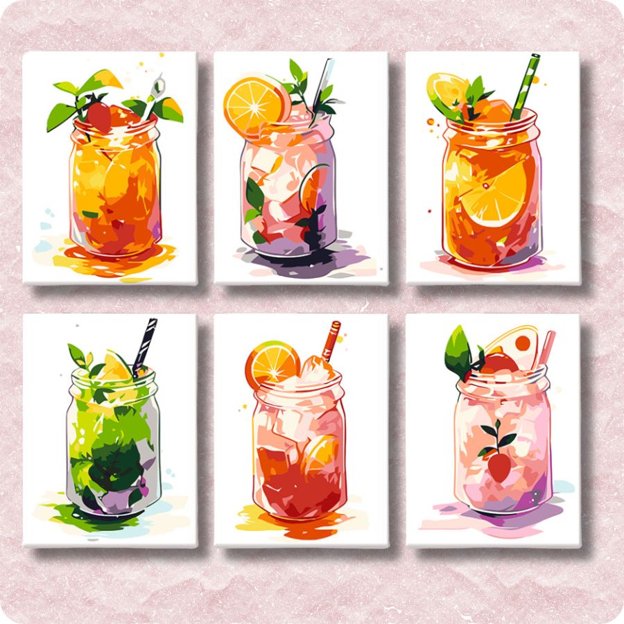 Set of six colorful illustrations of mason jars with drinks and garnishes on a light pink background. Mini Lemonade Mix - 6 Pack Paint by Numbers