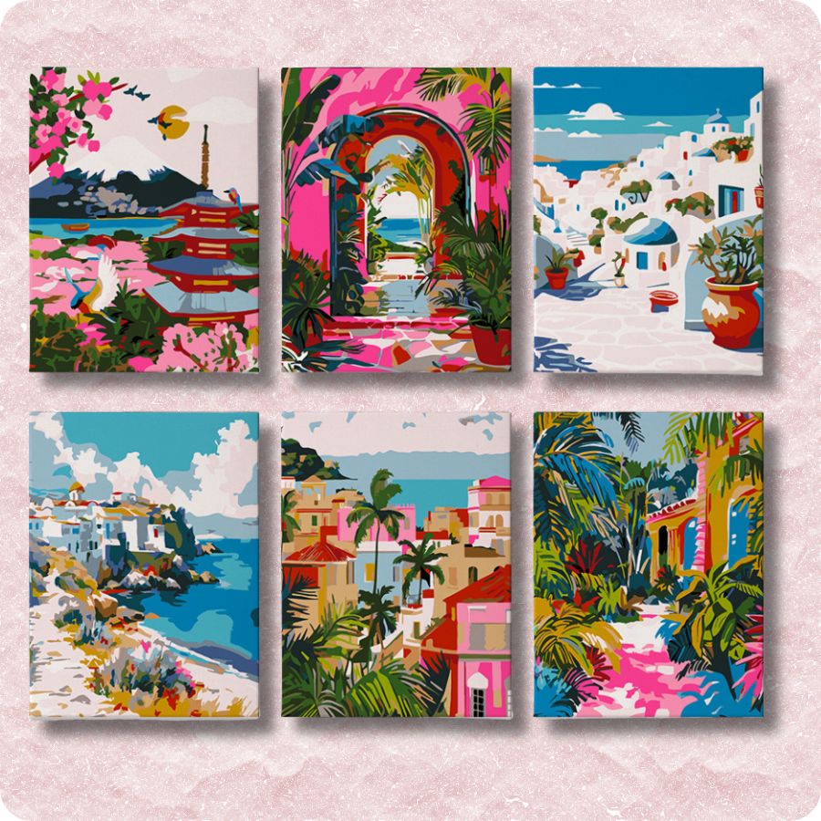 Set of six colorful paintings of tropical scenes on a textured pink background. Mini Painted Journeys 6 Pack Paint by Numbers