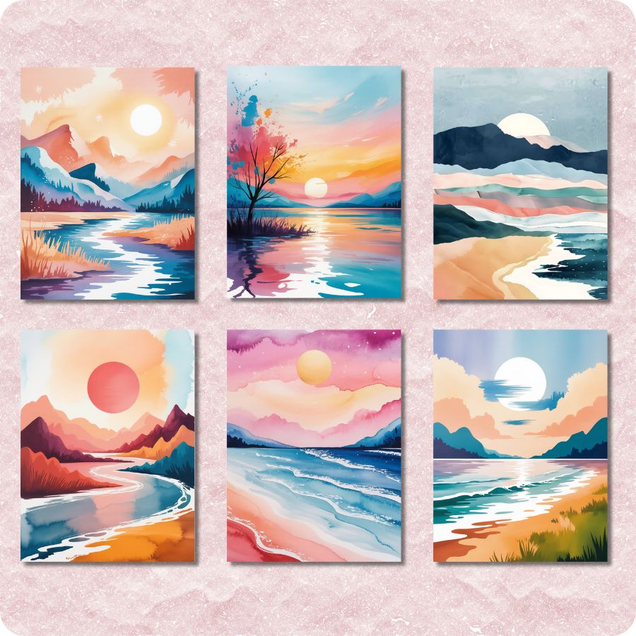 Set of six colorful landscape paintings on a textured pink background. Mini Watercolor Landscapes 6 Pack Paint by Numbers
