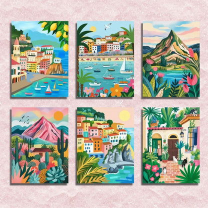 Set of six colorful illustrated canvas prints featuring scenic landscapes and buildings. Mini Whimsical Landscapes - Paint by numbers
