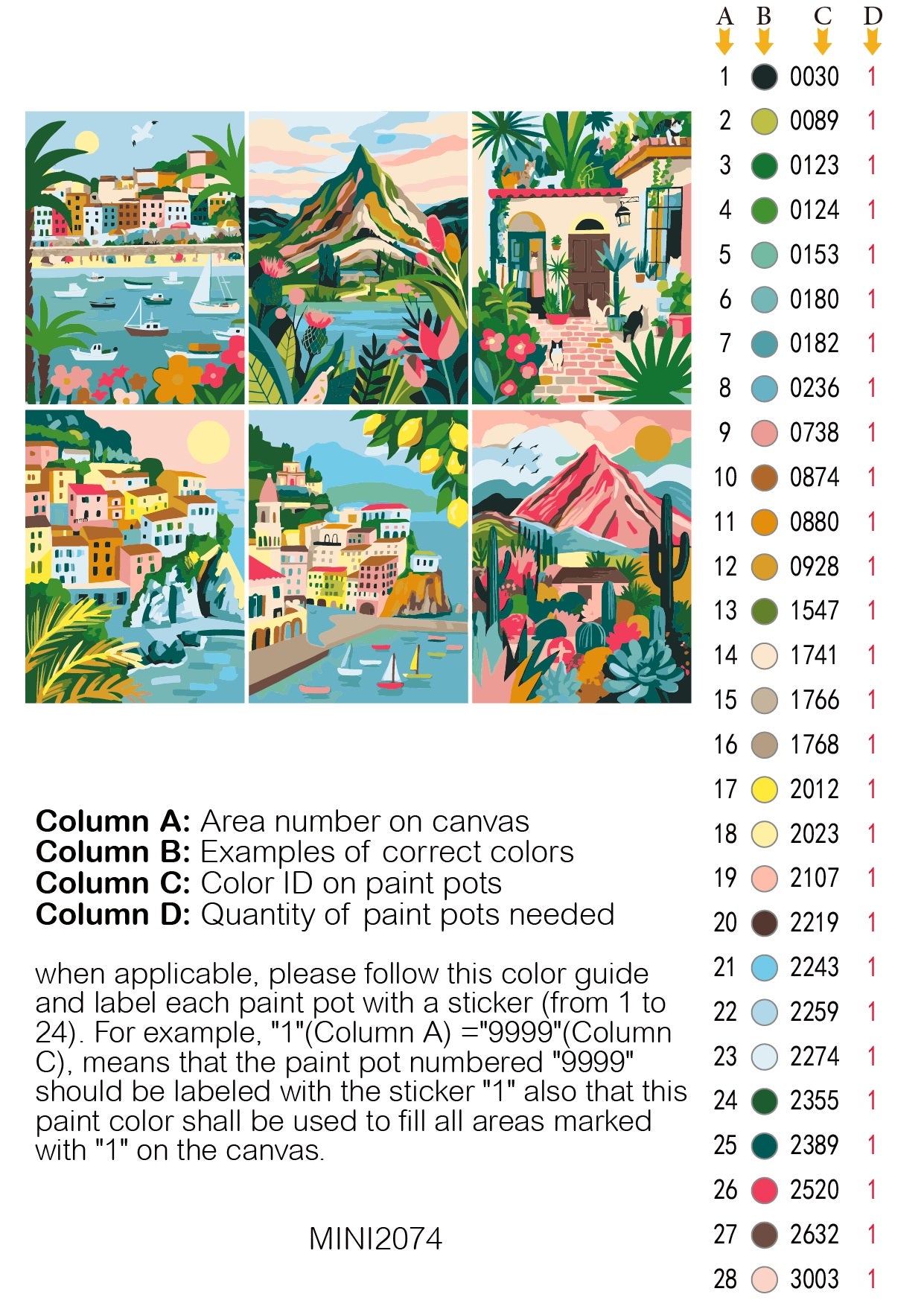 Color swatch chart with illustrations of a coastal scene and corresponding color codes. Mini Whimsical Landscapes - color card