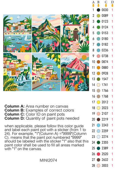 Color swatch chart with illustrations of a coastal scene and corresponding color codes. Mini Whimsical Landscapes - color card