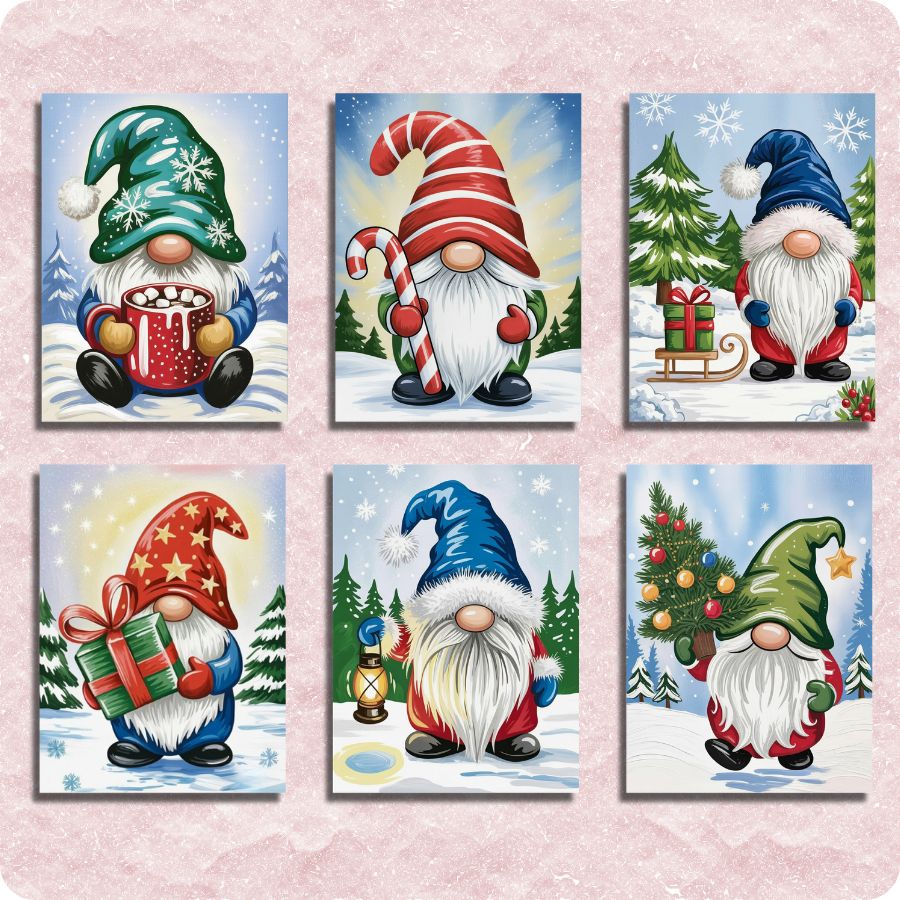 Set of six Christmas-themed gnome illustrations on a pink background. Merry Little Gnomes 6 Pack Paint by Numbers