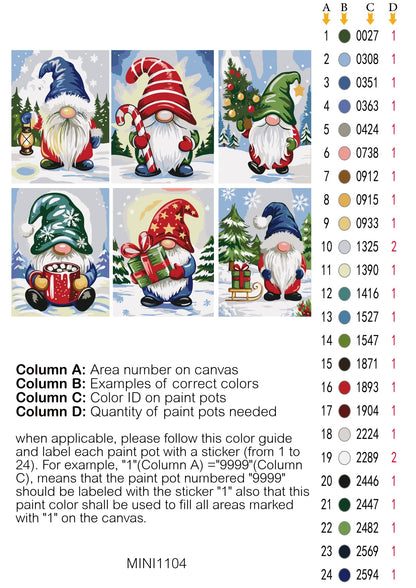Color guide for gnomes on a canvas with paint pot color numbers and examples.