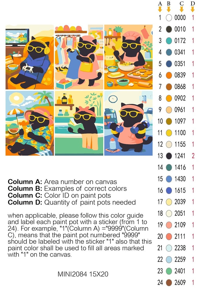 Mini Cats Day Off 6 Pack Paint by Numbers - Color card