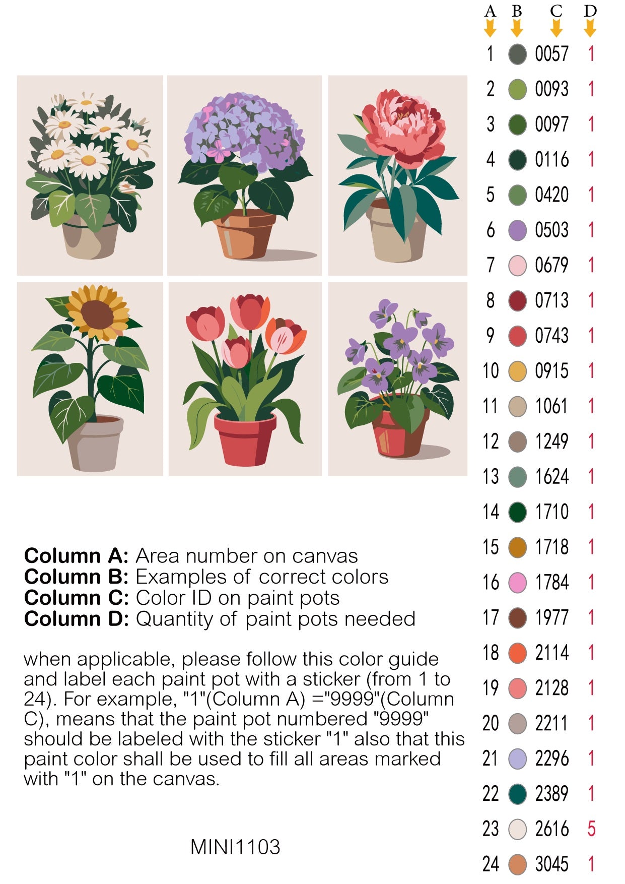 Color guide for paint pots with examples and color IDs on a beige background