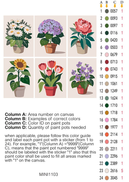 Color guide for paint pots with examples and color IDs on a beige background