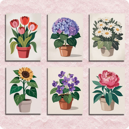 Set of six floral wall art prints with potted plants on a pink background. Mini Flower Pots 6 Pack Paint by Numbers