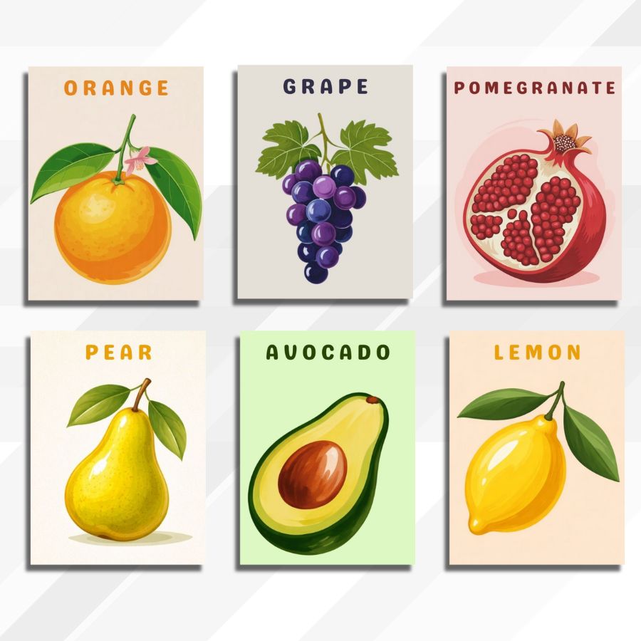 Set of six cards with illustrations of fruits and vegetables, each labeled. Mini Fruit 6 Pack - Paint by numbers