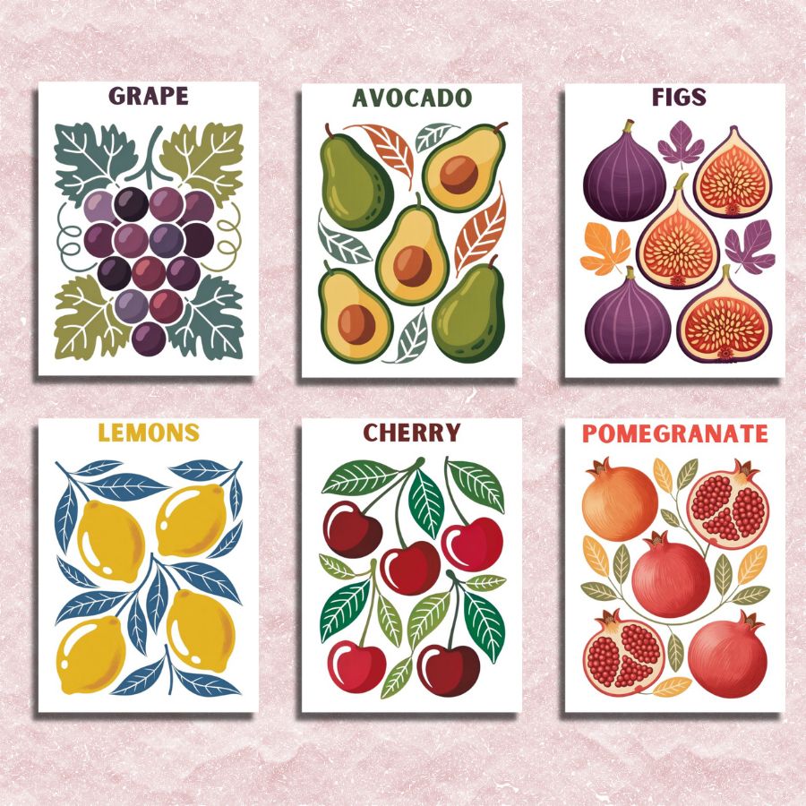 Set of six colorful illustrations of fruits and vegetables on a pink background. Mini Fruit 6 Pack - Paint by numbers