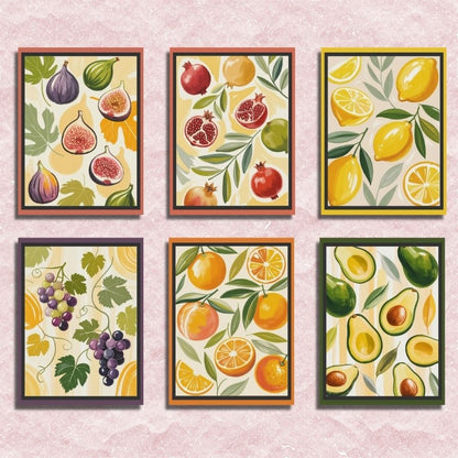 Set of six colorful illustrations of fruits and vegetables on a pink background. Mini Fruit 6 Pack - Paint by numbers
