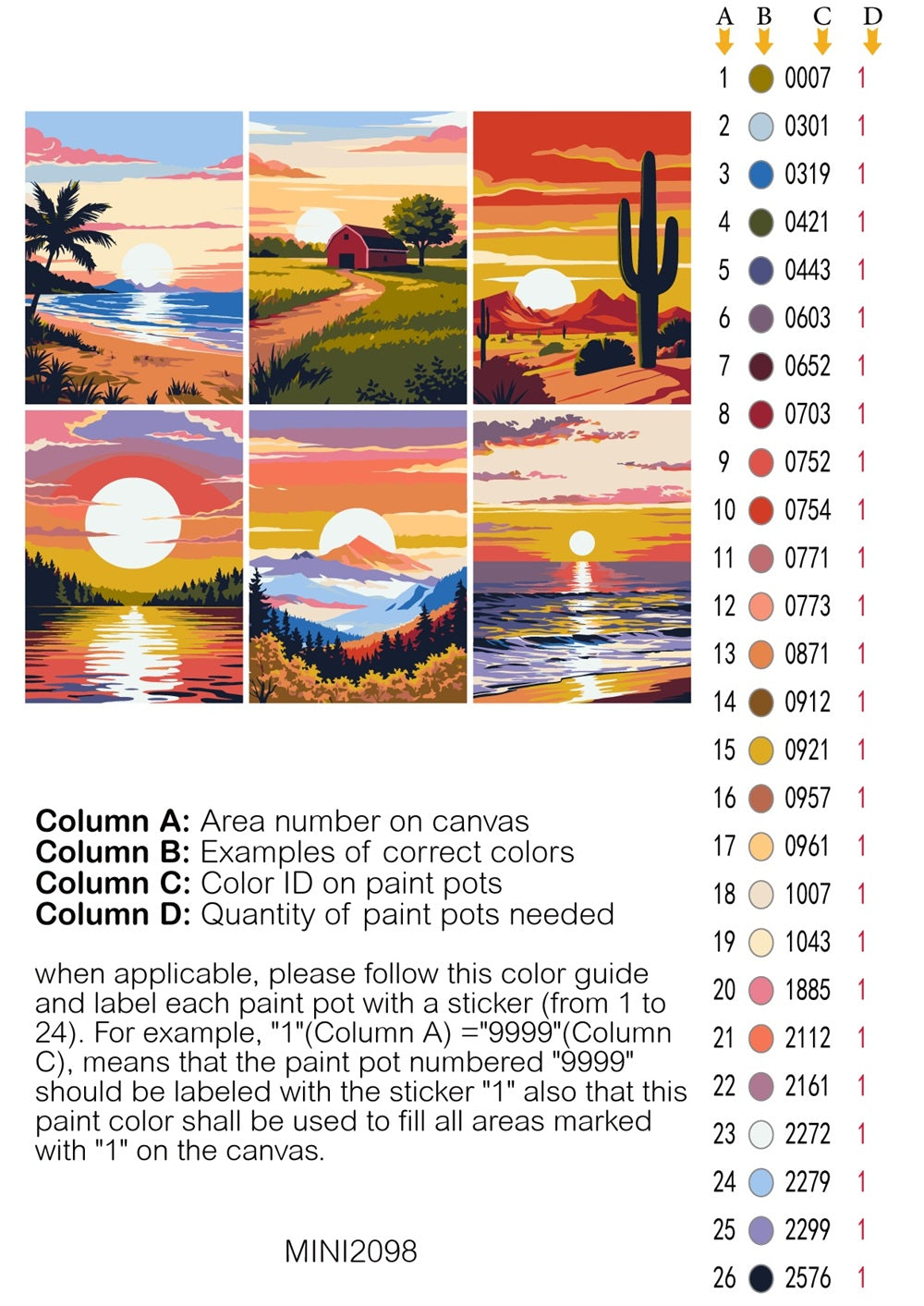 Mini Sunset Scenery 6 Pack Paint by Numbers - color card