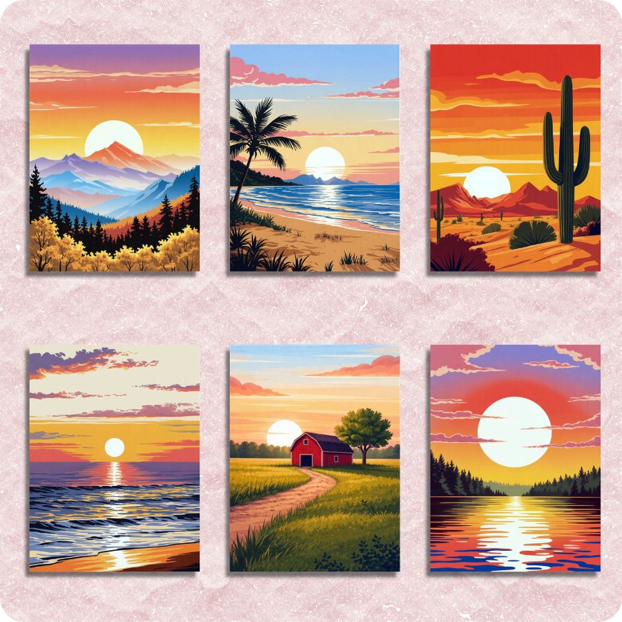 Set of six scenic paintings depicting various landscapes with sunsets. Mini Sunset Scenery 6 Pack Paint by Numbers