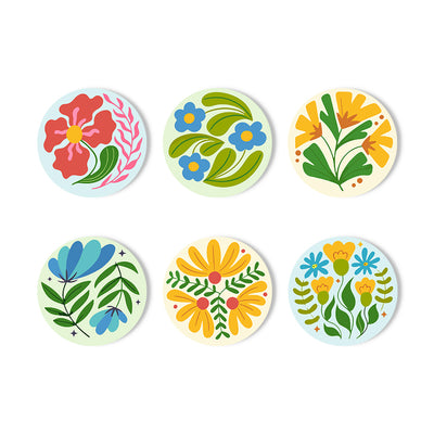 Six circular stickers with colorful folk-art floral designs arranged in two rows of three on a white background. Modern Wildflowers Coasters - 6 Pack Paint by Numbers