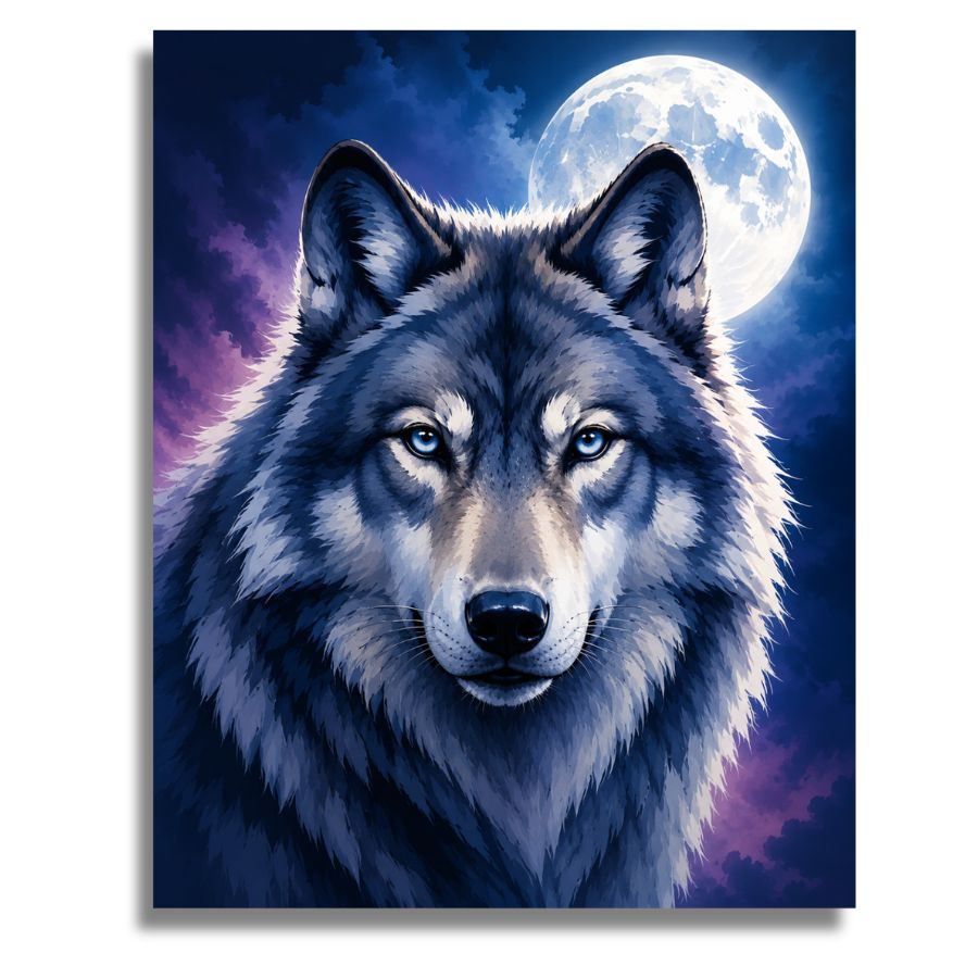 Wolf with blue eyes and a full moon in a purple sky. Moonlit Wolf Guardian - Paint by numbers