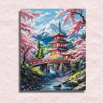 Painting of a Japanese temple with cherry blossoms and Mount Fuji in the background. Mt. Fuji - Paint by Numbers