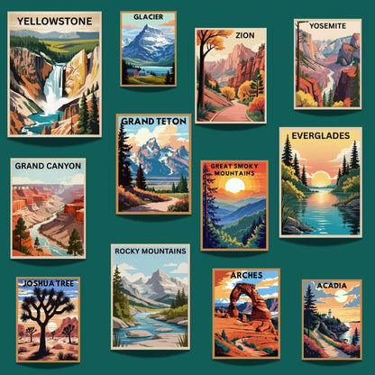Collection of 12 scenic posters with various national parks on a green background, labeled 'Mega Bundle' - Paint by numbers